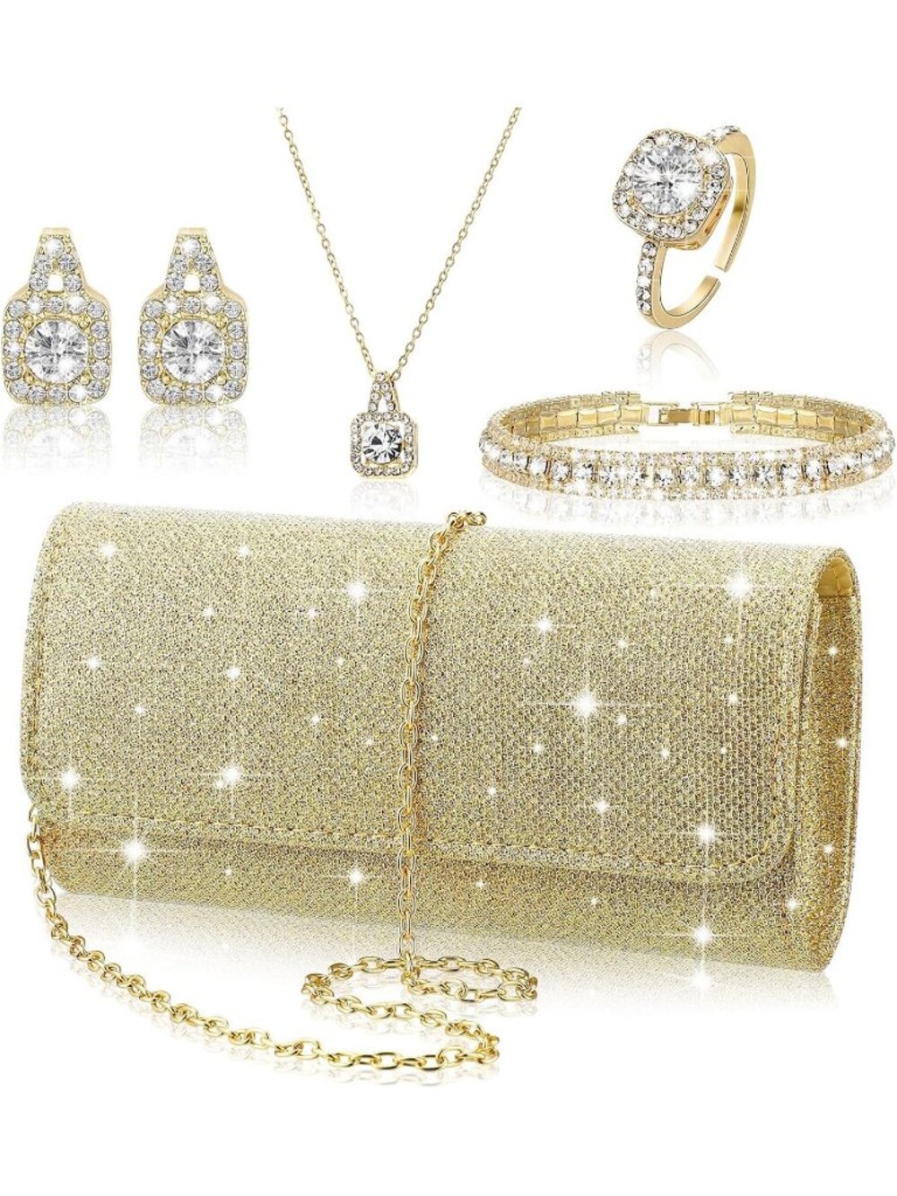 Women's Gold 5pc Rhinestone Jewelry Set Clutch Purse Crystal Wedding Prom